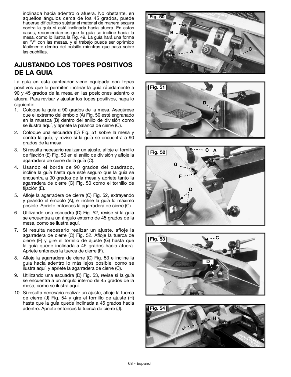 Ajustando los topes positivos de la guia | Delta JT360 User Manual | Page 68 / 76
