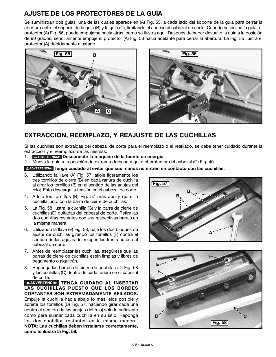 Ajuste de los protectores de la guia, Extraccion, reemplazo, y reajuste de las cuchillas | Delta JT360 User Manual | Page 69 / 76