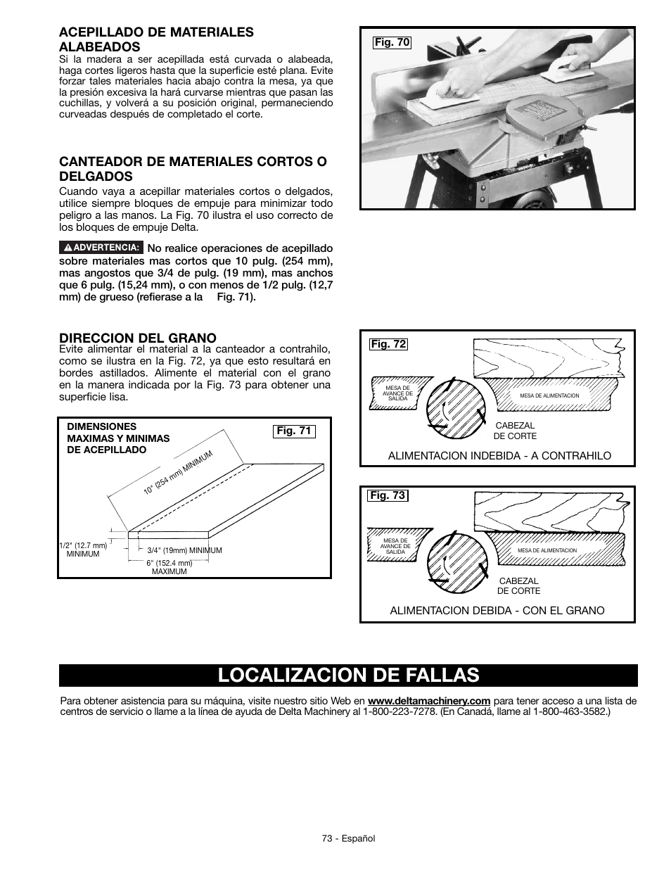 Localizacion de fallas, Acepillado de materiales alabeados, Direccion del grano | Canteador de materiales cortos o delgados | Delta JT360 User Manual | Page 73 / 76