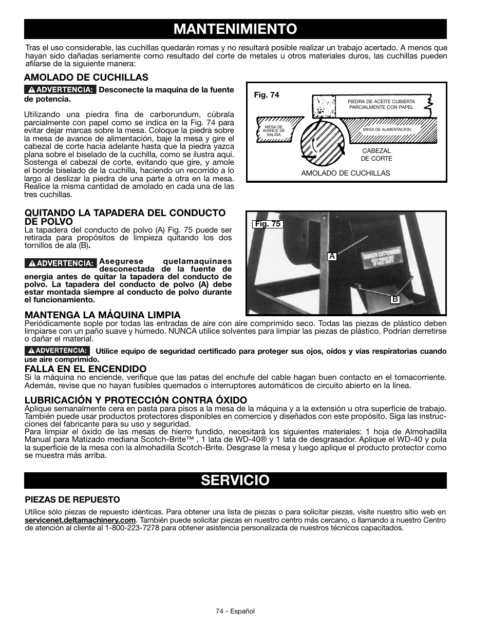 Mantenimiento, Servicio | Delta JT360 User Manual | Page 74 / 76