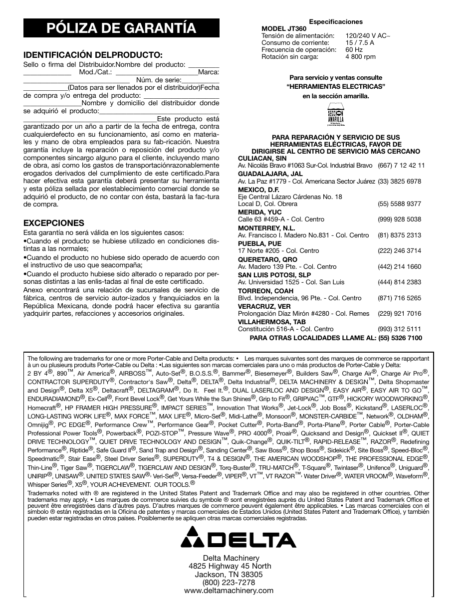 Póliza de garantía, Identificación delproducto, Excepciones | Delta JT360 User Manual | Page 76 / 76