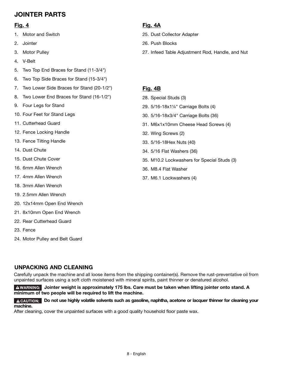 Jointer parts | Delta JT360 User Manual | Page 8 / 76