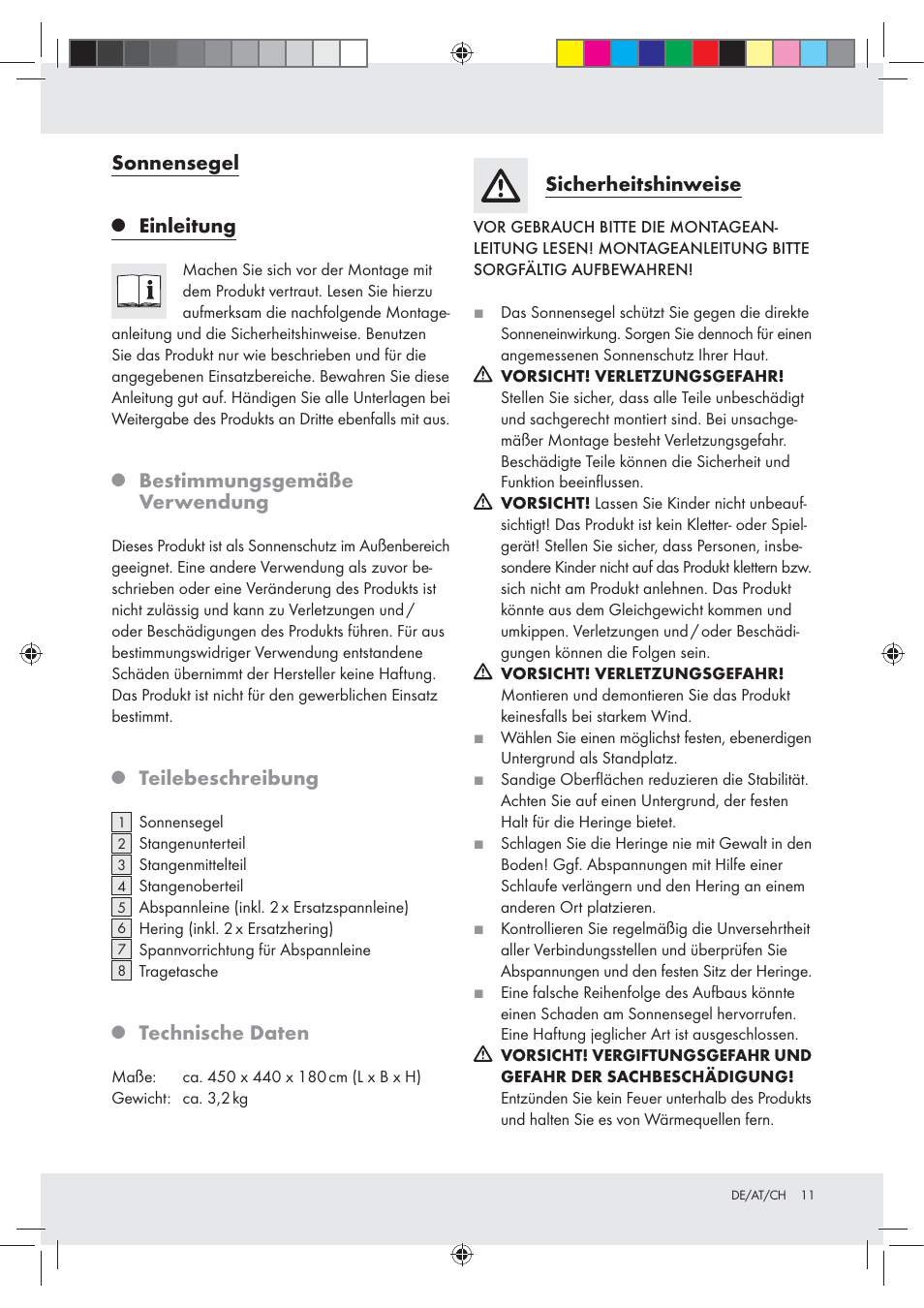 Sonnensegel, Einleitung, Bestimmungsgemäße verwendung | Teilebeschreibung, Technische daten, Sicherheitshinweise | Rocktrail Shade Sail Z30718 User Manual | Page 11 / 15