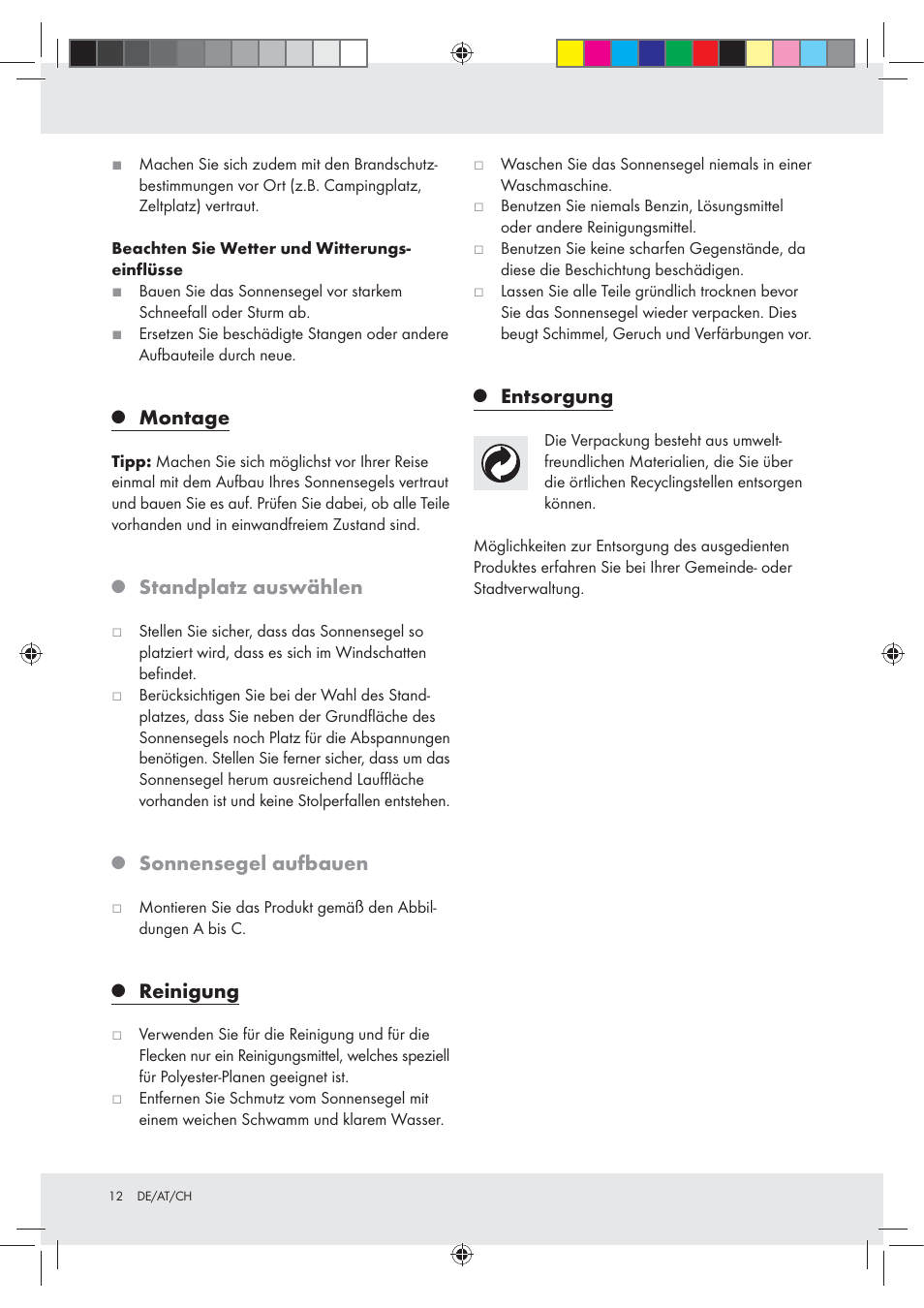 Montage, Standplatz auswählen, Sonnensegel aufbauen | Reinigung, Entsorgung | Rocktrail Shade Sail Z30718 User Manual | Page 12 / 15