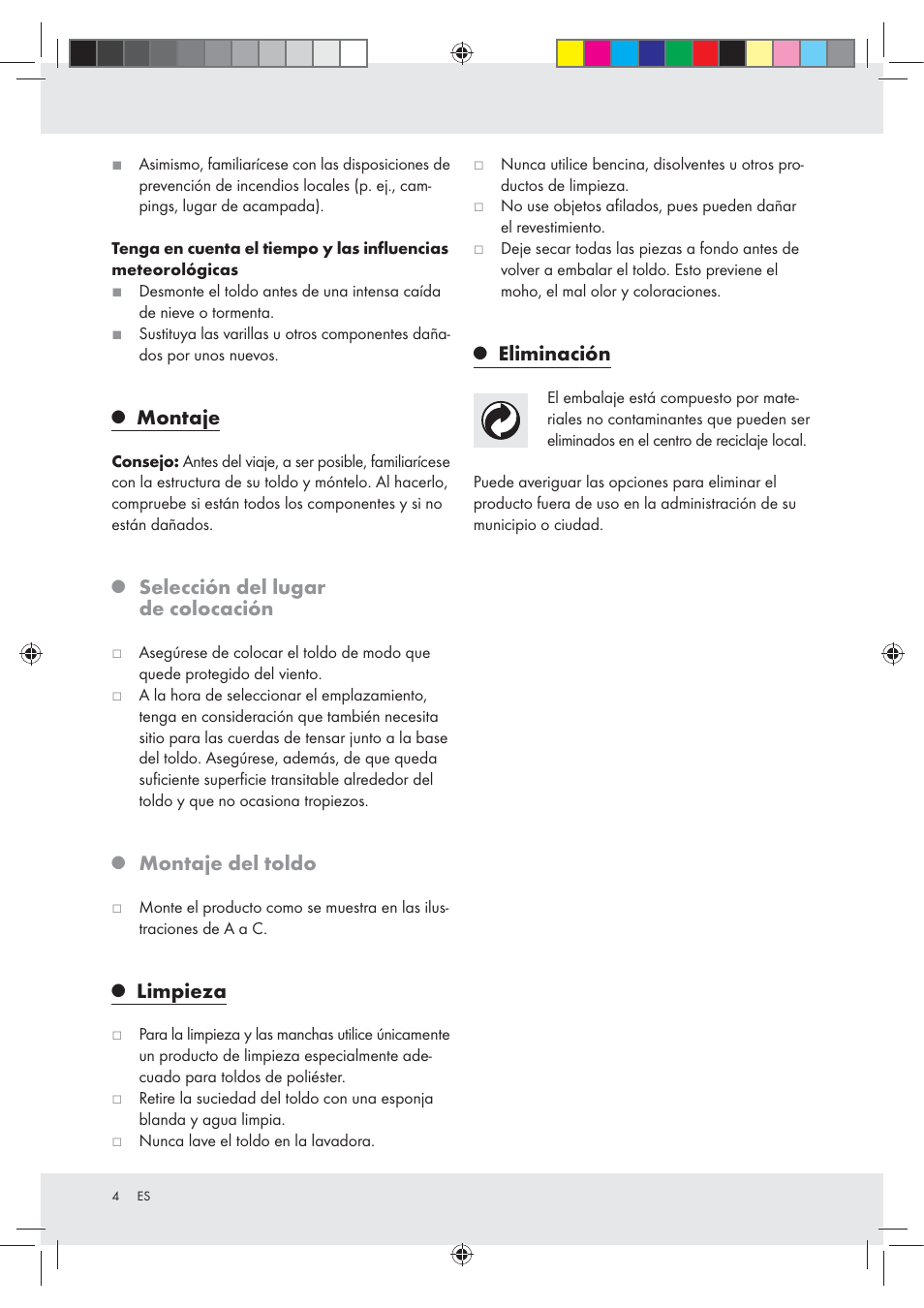 Montaje, Selección del lugar de colocación, Montaje del toldo | Limpieza, Eliminación | Rocktrail Shade Sail Z30718 User Manual | Page 4 / 15