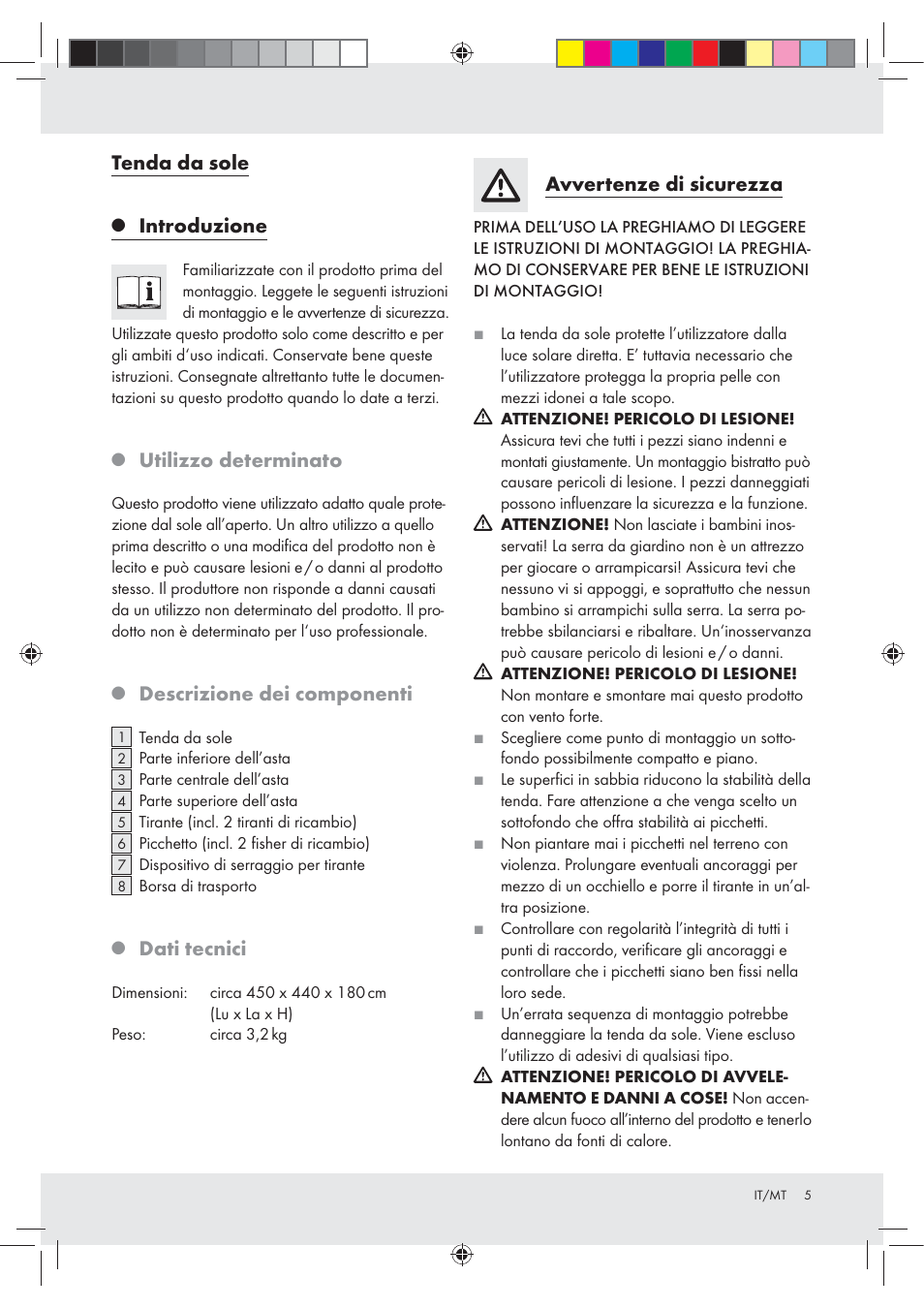 Tenda da sole, Introduzione, Utilizzo determinato | Descrizione dei componenti, Dati tecnici, Avvertenze di sicurezza | Rocktrail Shade Sail Z30718 User Manual | Page 5 / 15