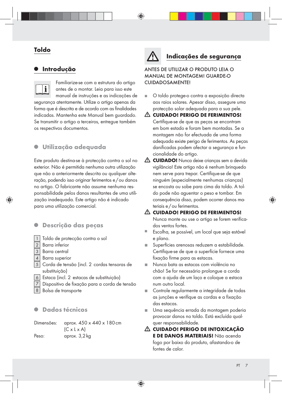 Toldo, Introdução, Utilização adequada | Descrição das peças, Dados técnicos, Indicações de segurança | Rocktrail Shade Sail Z30718 User Manual | Page 7 / 15