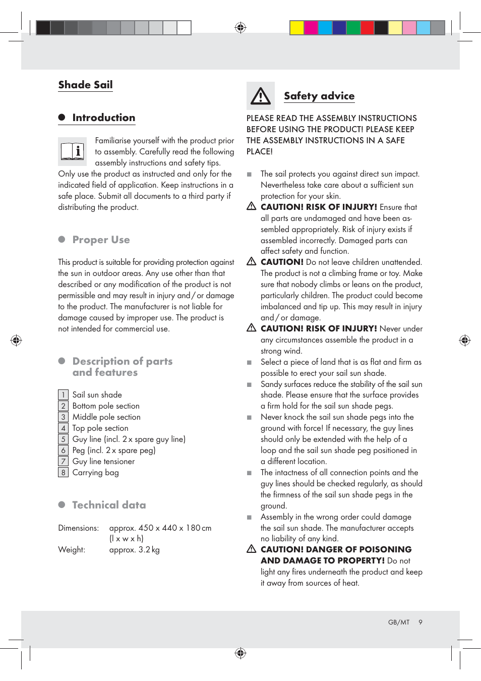 Shade sail, Introduction, Proper use | Description of parts and features, Technical data, Safety advice | Rocktrail Shade Sail Z30718 User Manual | Page 9 / 15