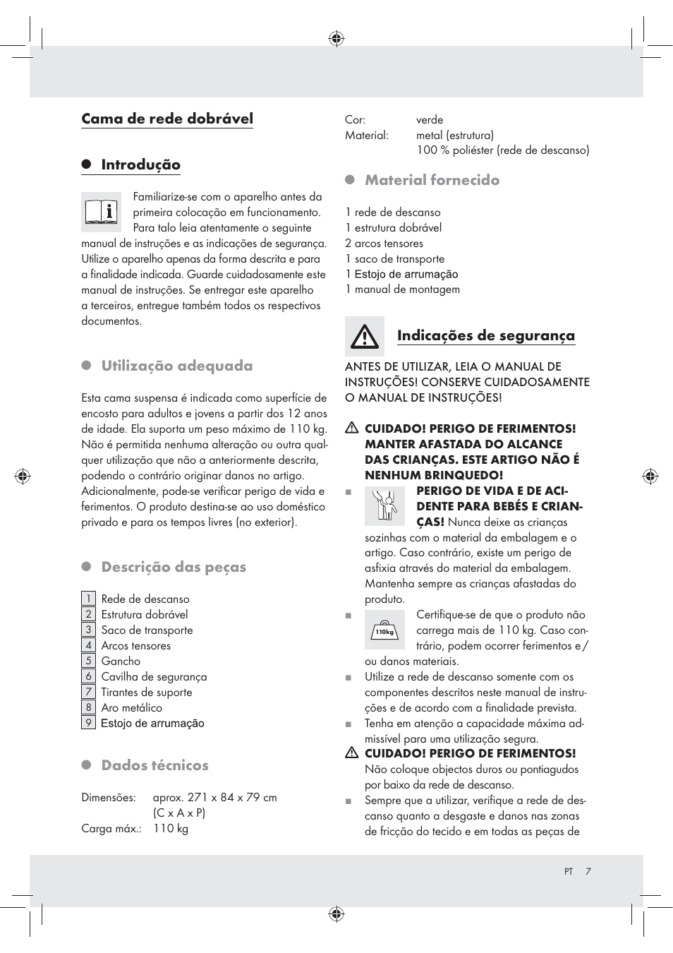 Cama de rede dobrável, Introdução, Utilização adequada | Descrição das peças, Dados técnicos, Material fornecido, Indicações de segurança | Rocktrail Foldable Hammock User Manual | Page 5 / 13