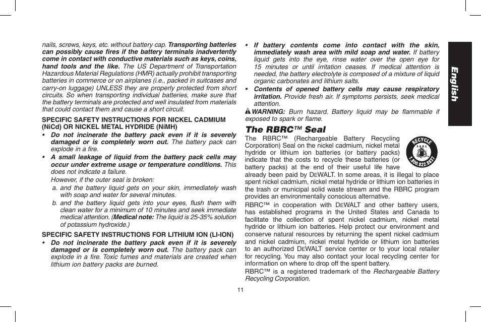 English, The rbrc™ seal | DeWalt D55695 User Manual | Page 11 / 100