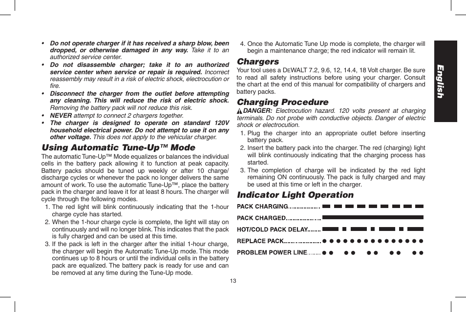 English, Using automatic tune-up™ mode, Chargers | Charging procedure, Indicator light operation | DeWalt D55695 User Manual | Page 13 / 100
