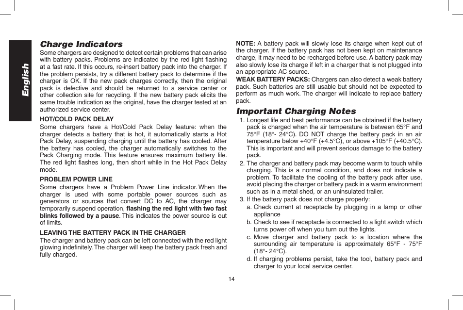 English charge indicators | DeWalt D55695 User Manual | Page 14 / 100