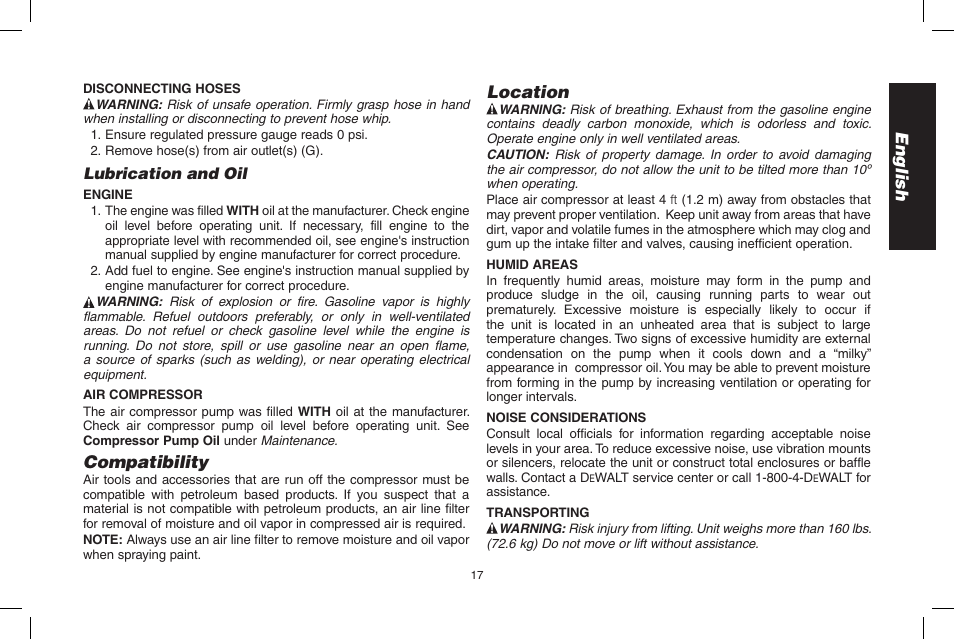 English, Compatibility, Location | DeWalt D55695 User Manual | Page 17 / 100