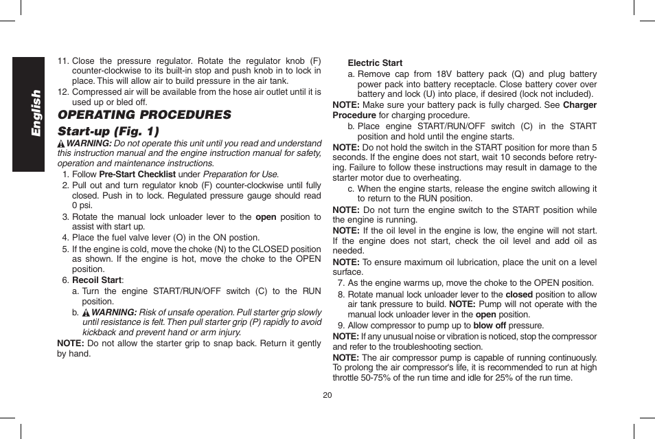 English, Operating procedures start-up (fig. 1) | DeWalt D55695 User Manual | Page 20 / 100