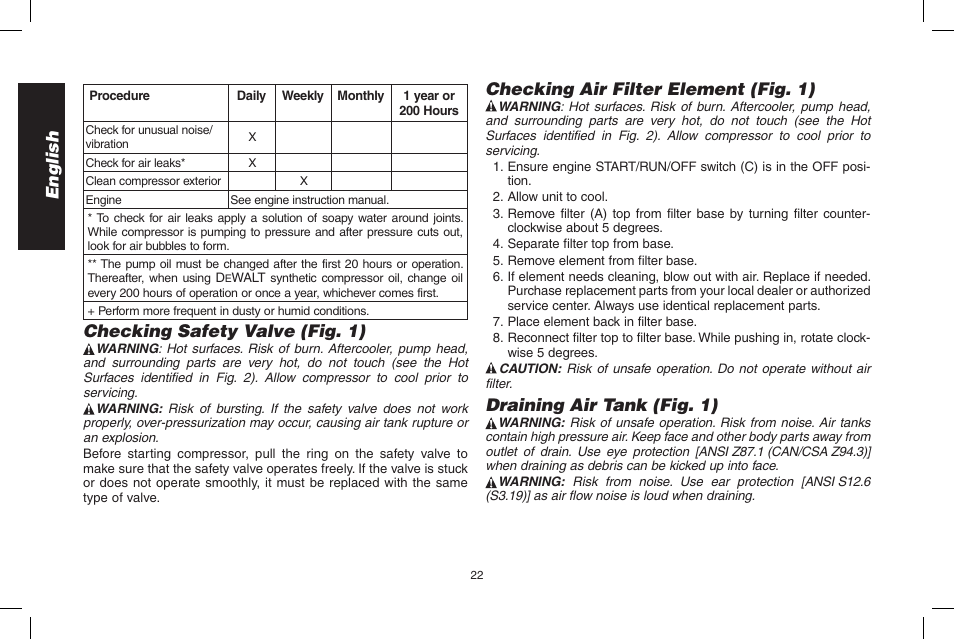 English, Checking safety valve (fig. 1), Checking air filter element (fig. 1) | Draining air tank (fig. 1) | DeWalt D55695 User Manual | Page 22 / 100
