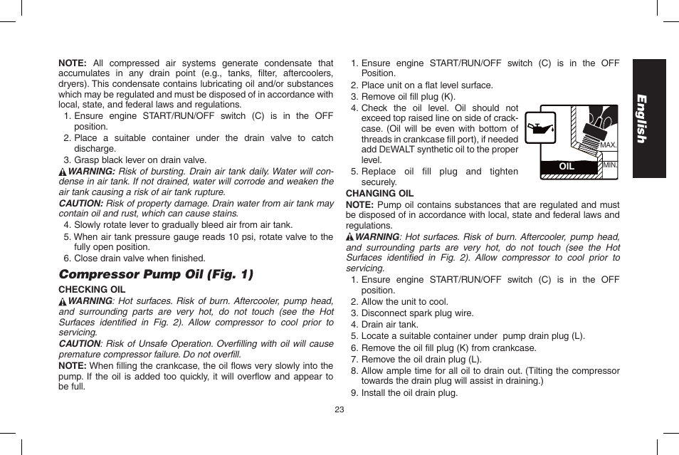 English, Compressor pump oil (fig. 1) | DeWalt D55695 User Manual | Page 23 / 100