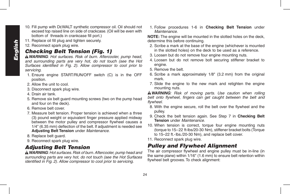 English, Checking belt tension (fig. 1), Adjusting belt tension | Pulley and fly wheel alignment | DeWalt D55695 User Manual | Page 24 / 100