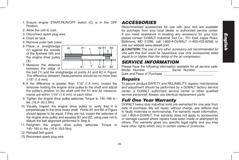 English, Accessories, Service information | Repairs, Full one year warranty | DeWalt D55695 User Manual | Page 25 / 100