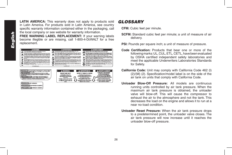 English, Glossary | DeWalt D55695 User Manual | Page 26 / 100