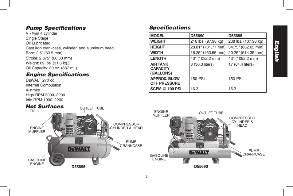 English pump specifications, Engine specifications, Specifications | Hot surfaces | DeWalt D55695 User Manual | Page 3 / 100