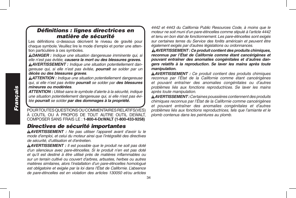 Français, Directives de sécurité importantes | DeWalt D55695 User Manual | Page 34 / 100