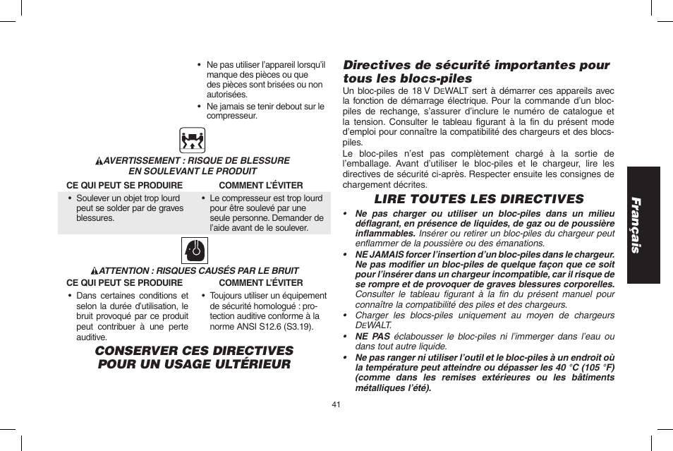 Français, Lire toutes les directives | DeWalt D55695 User Manual | Page 41 / 100