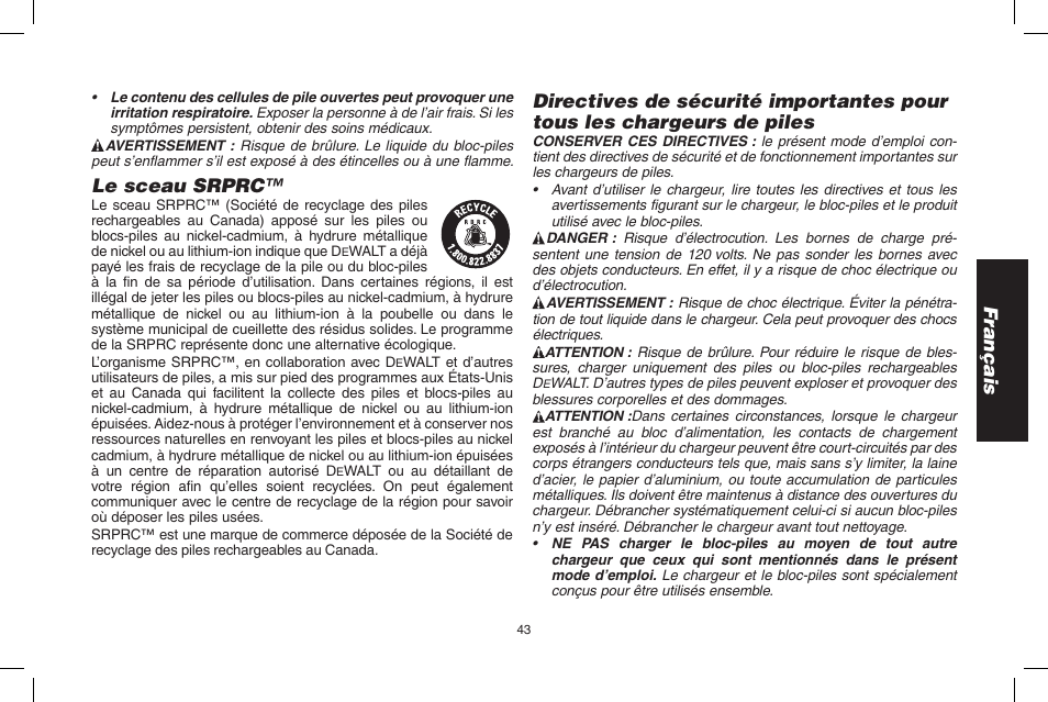 Français, Le sceau srprc | DeWalt D55695 User Manual | Page 43 / 100