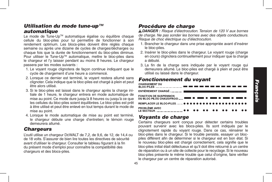 Français utilisation du mode tune-up™ automatique, Chargeurs, Procédure de charge | Fonctionnement du voyant voyants de charge | DeWalt D55695 User Manual | Page 45 / 100