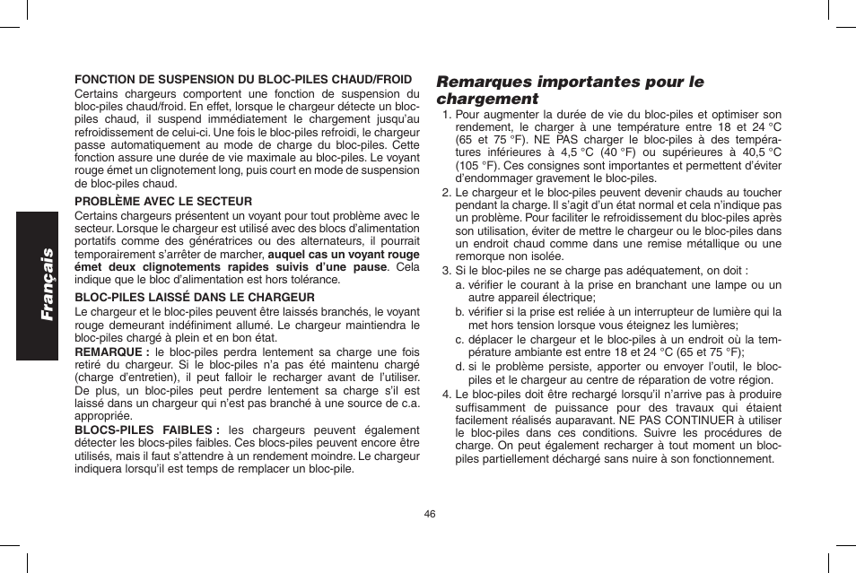 Français, Remarques importantes pour le chargement | DeWalt D55695 User Manual | Page 46 / 100