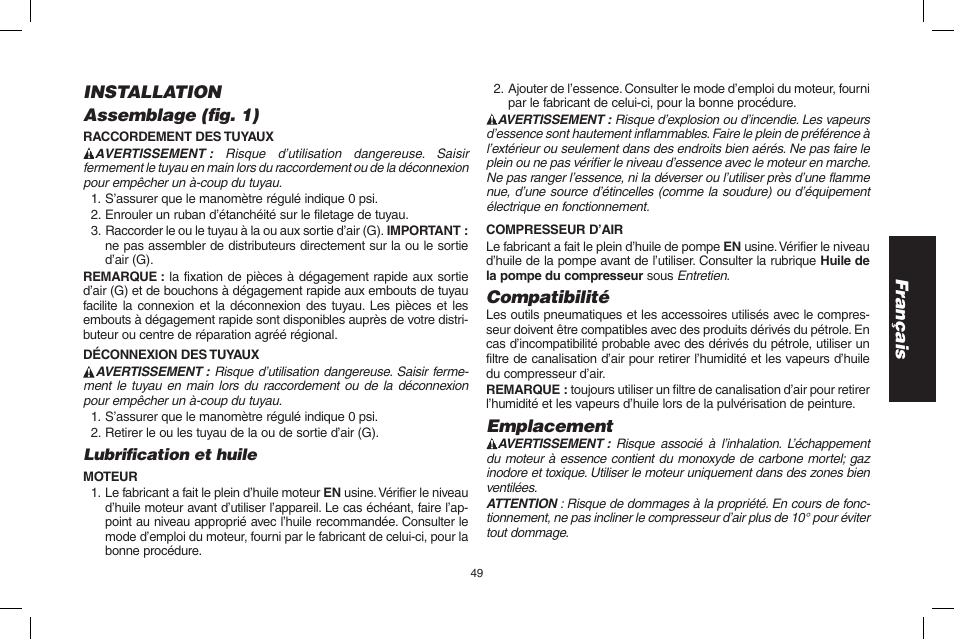 Français installation assemblage (fig. 1), Compatibilité, Emplacement | DeWalt D55695 User Manual | Page 49 / 100