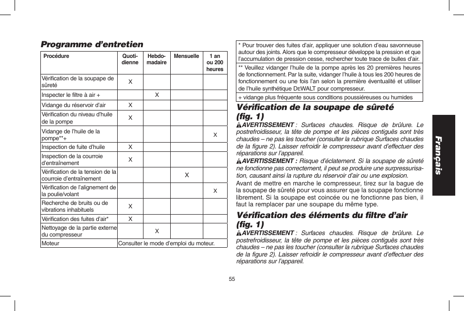Français programme d’entretien, Vérification de la soupape de sûreté (fig. 1), Vérification des éléments du filtre d’air (fig. 1) | DeWalt D55695 User Manual | Page 55 / 100