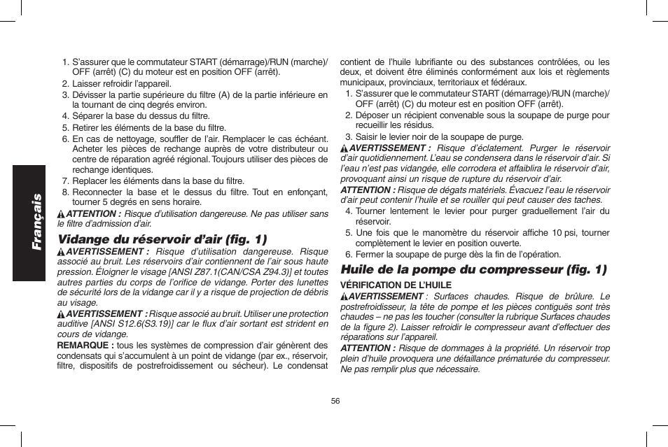 Français, Vidange du réservoir d’air (fig. 1), Huile de la pompe du compresseur (fig. 1) | DeWalt D55695 User Manual | Page 56 / 100