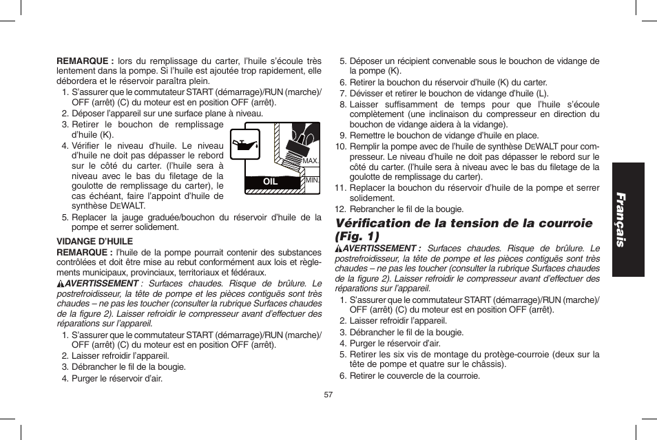 Français, Vérification de la tension de la courroie (fig. 1) | DeWalt D55695 User Manual | Page 57 / 100