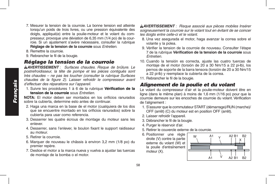 Français, Réglage la tension de la courroie, Alignement de la poulie et du volant | DeWalt D55695 User Manual | Page 58 / 100