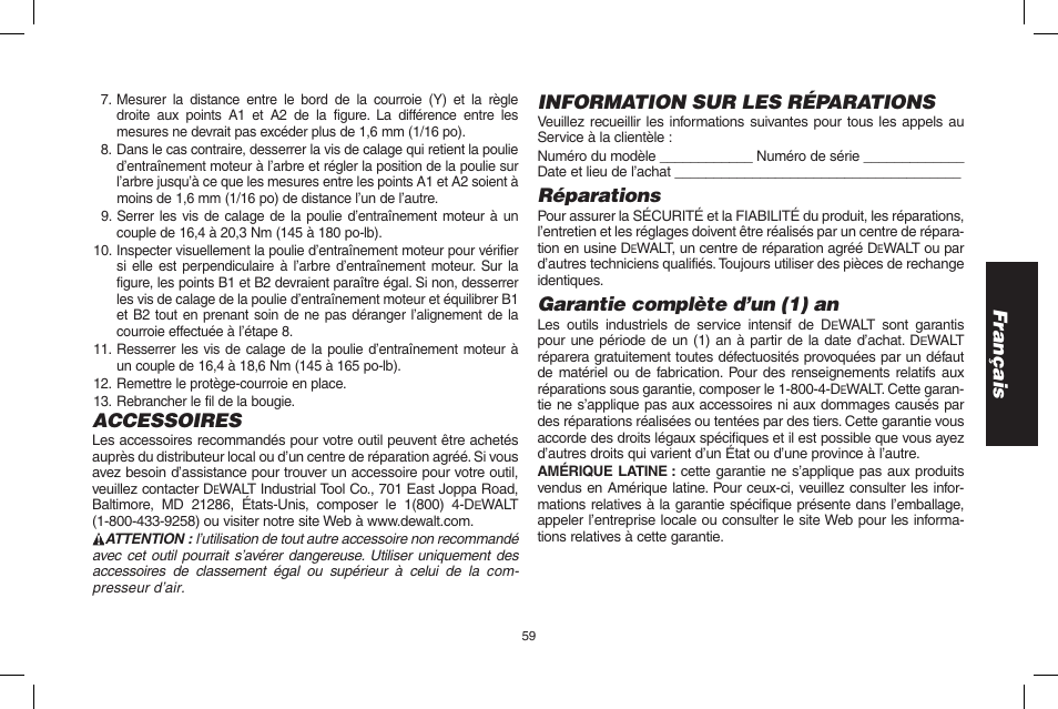 Français, Accessoires, Information sur les réparations | Réparations, Garantie complète d’un (1) an | DeWalt D55695 User Manual | Page 59 / 100