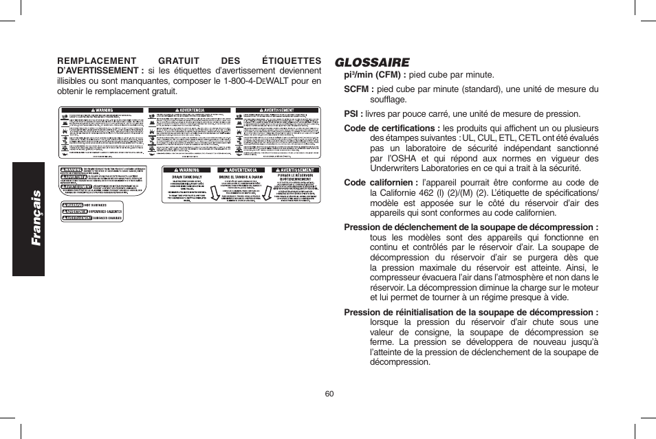 Français, Glossaire | DeWalt D55695 User Manual | Page 60 / 100
