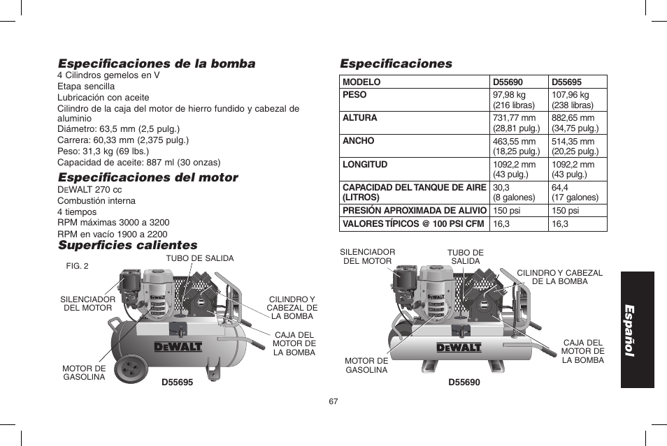 Español especificaciones de la bomba, Especificaciones del motor, Especificaciones | Superficies calientes | DeWalt D55695 User Manual | Page 67 / 100