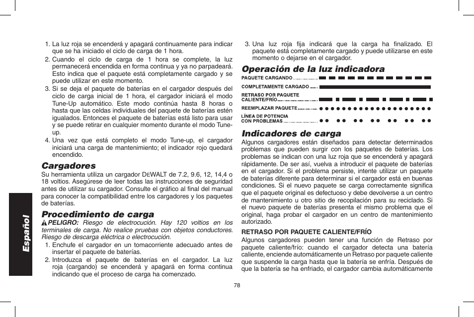 Español, Cargadores, Procedimiento de carga | DeWalt D55695 User Manual | Page 78 / 100