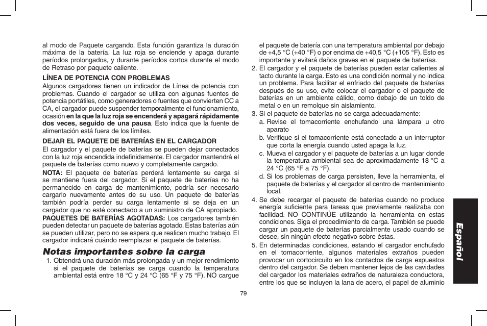 Español, Notas importantes sobre la carga | DeWalt D55695 User Manual | Page 79 / 100