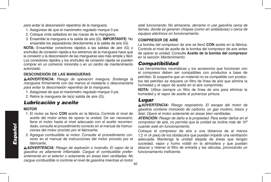 Español, Lubricación y aceite, Compatibilidad | Lugar | DeWalt D55695 User Manual | Page 82 / 100
