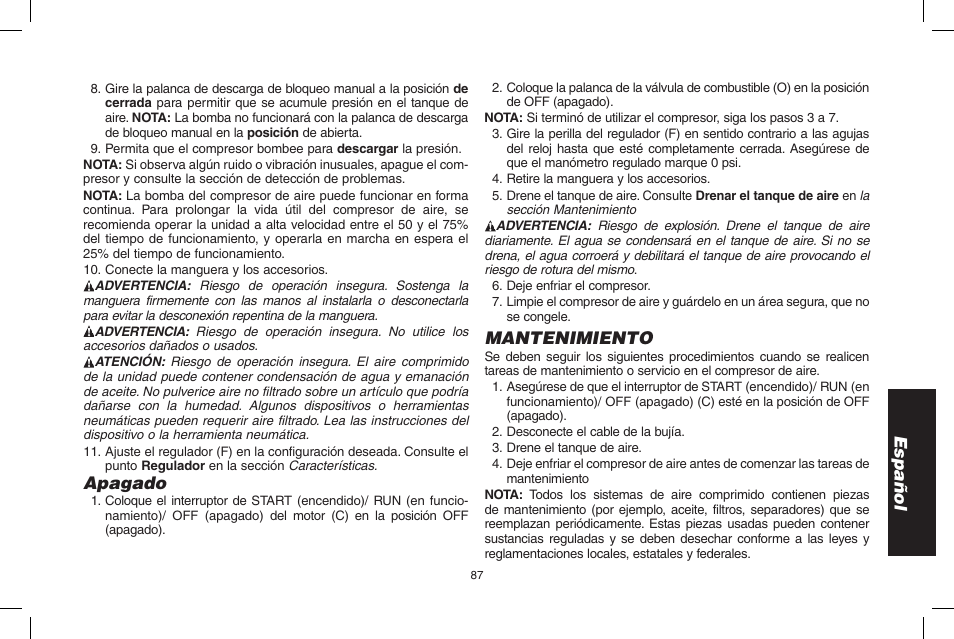 Español, Apagado, Mantenimiento | DeWalt D55695 User Manual | Page 87 / 100