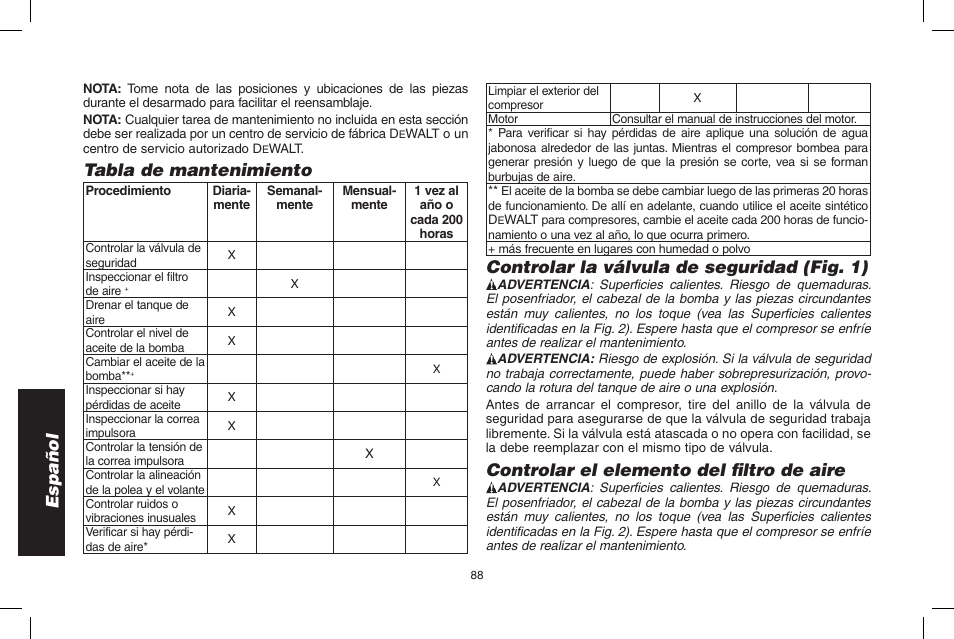 Español, Tabla de mantenimiento, Controlar la válvula de seguridad (fig. 1) | Controlar el elemento del filtro de aire | DeWalt D55695 User Manual | Page 88 / 100
