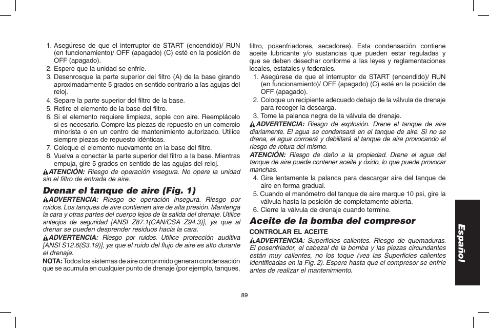 Español, Drenar el tanque de aire (fig. 1), Aceite de la bomba del compresor | DeWalt D55695 User Manual | Page 89 / 100
