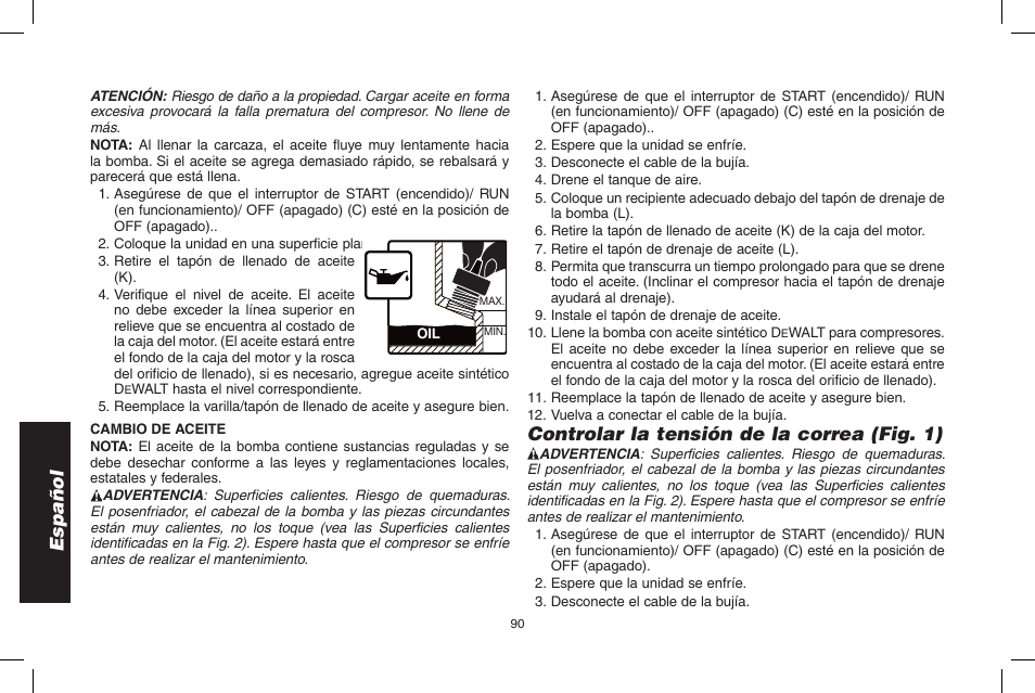 Español, Controlar la tensión de la correa (fig. 1) | DeWalt D55695 User Manual | Page 90 / 100