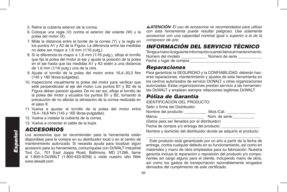 Español, Accesorios, Información del servicio técnico | Reparaciones, Póliza de garantía | DeWalt D55695 User Manual | Page 92 / 100