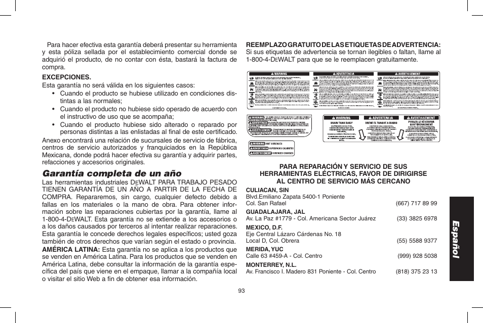 Español, Garantía completa de un año | DeWalt D55695 User Manual | Page 93 / 100