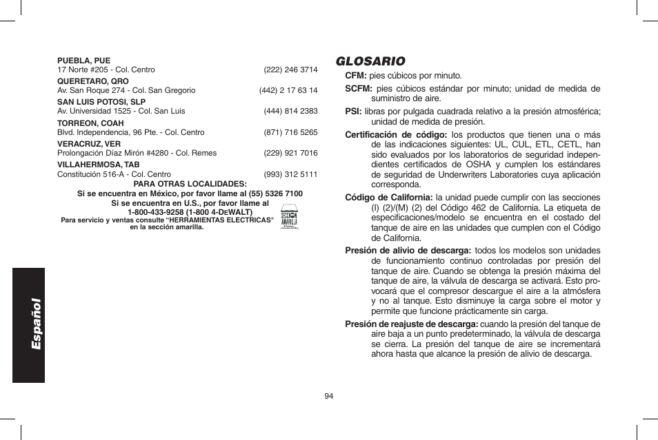 Español, Glosario | DeWalt D55695 User Manual | Page 94 / 100