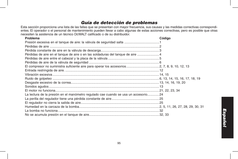 Español guía de detección de problemas | DeWalt D55695 User Manual | Page 95 / 100