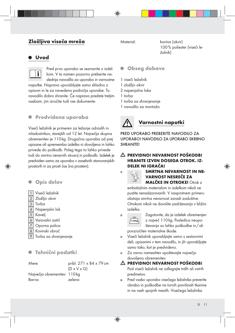 Zložljiva viseča mreža, Uvod, Predvidena uporaba | Opis delov, Tehnični podatki, Obseg dobave, Varnostni napotki | Rocktrail Foldable Hammock User Manual | Page 11 / 22