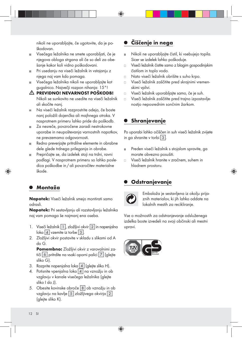 Montaža, Čiščenje in nega, Shranjevanje | Odstranjevanje | Rocktrail Foldable Hammock User Manual | Page 12 / 22